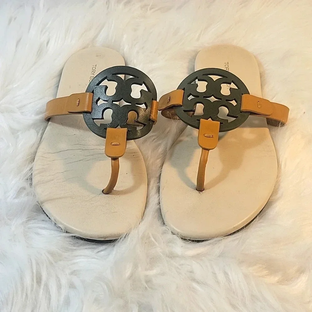 TORY BURCH Miller Logo Leccio/Pesca Soft‎ Calf Leather Sandals Size 6